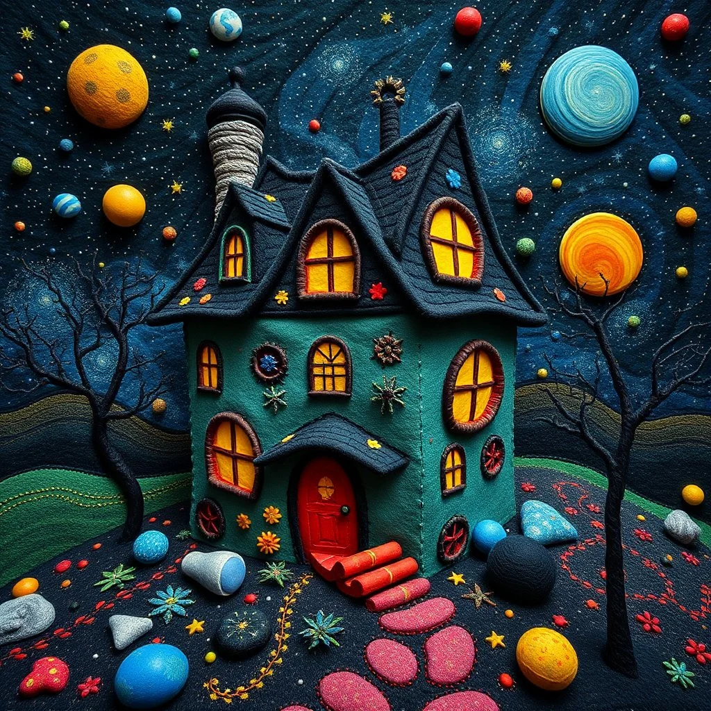 Photograph hasselblad h6d400c --ar 85:128 --v 6.0 of a fairy old bewitched house, made of felt, art, 3d deep field, Joan Miró, wide angle landscape scene, galaxies and planets, creepy, Max Ernst, needlepoint, abstract silhoutte, expressionist style, colorful holiday