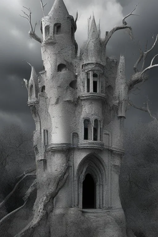 surrealis monochrome A fragmented, surreal sculpture liguid color of photorealistic image 3d,psychedelic art of an castle glossy emerging from dreamlike a crumbling building. The face appears pale with deep cracks and intricate details, evoking a haunting expression. Blackened tree branches intertwine with the gold mengkilat cracks, set against a backdrop of stormy, cloud-filled skies. bauhaus art The overall tone is dark and moody, suggesting themes of decay and transformation.
