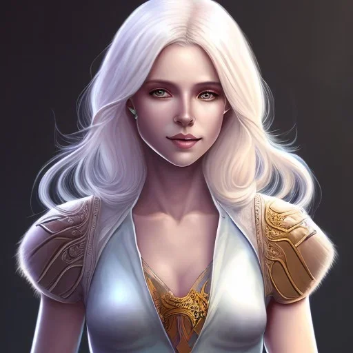 D&D character, female, cleric, platinum blonde hair, gold eyes, smile, teal armor