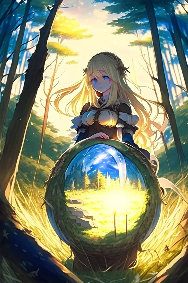 Anime, blonde girl in medieval clothing in large field in the middle of the forest with a small globe of light next to her, HD, extreme detail