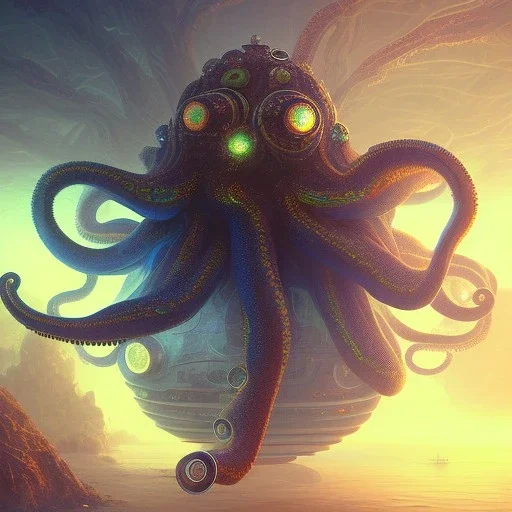 biomorphic octopus morphed with electronic wiring and mixed with lighting, Nanopunk and Biopunk with cyberpunk look,golden hour,MTG,digital painting, wonderful ambient colors, art by Jarosław Jaśnikowski mixed with Sheila Martin mixed with Fletch mixed with Frank Sun mixed with Anna Dittmann mixed with Alena Aenami.