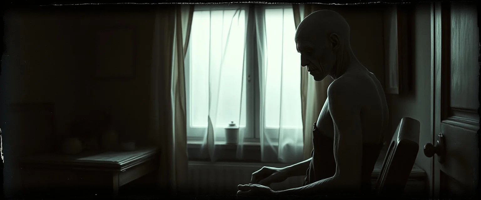 Style: gritty pin hole cam, mixed with Zdzisław Beksiński surrealism and Caravaggio chiaroscuro, tactile analog imperfections, muted tones, deep natural shadows, eerie realism, pinhole-camera softness, heavy vignetting, rugged irregular photographic border. Scene: a pale sickly vampire quietly cleaning an old apartment, completely calm and domestic. Extremely detailed rough skin, dry porous texture, wrinkles, tiny flakes, visible veins, uneven natural imperfections