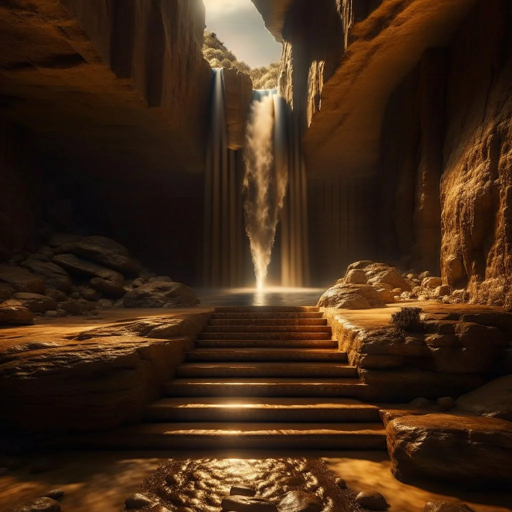 a staircase into a portal to the desert in the middle of a waterfall, photo-realistic, shot on Hasselblad h6d-400c, zeiss prime lens, bokeh like f/0.8, tilt-shift lens 8k, high detail, smooth render, down-light, unreal engine, downlight