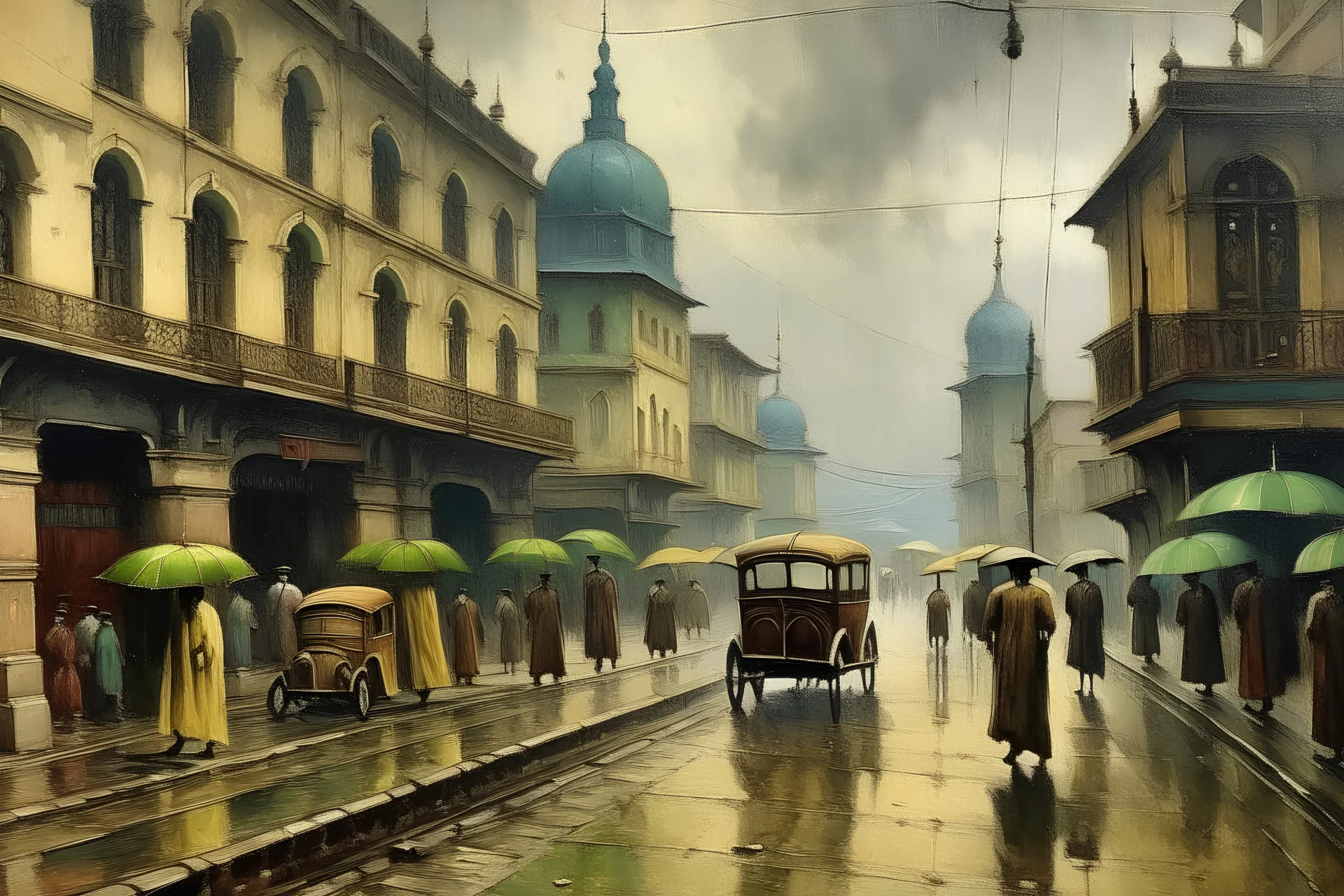 Oil painting of old city lahore in 1930s rainy day