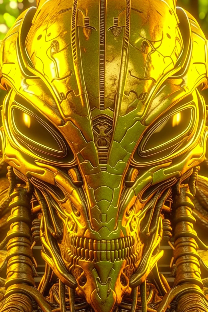 Design a face of xenomorph. Use Unreal Engine to make the xenomorph highly detailed and realistic, and design and create pair of realistic spider eyes. brown and mustard yellow color scheme, outdoors, (hyperdetailed:1.15)