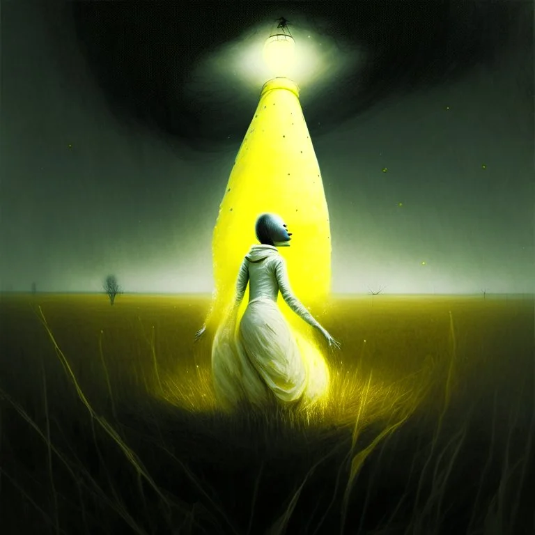 High concept art, impressionist, by Zdzislaw Beksinaki and Anton Semenov, digital illustration, in an empty field at midnight woman in dirty white smock levitating caught in a cone of yellow bright light, back arched arms behind her being pulled upwards, sinister, concept art, oddball masterpiece, sfumato, complex contrast