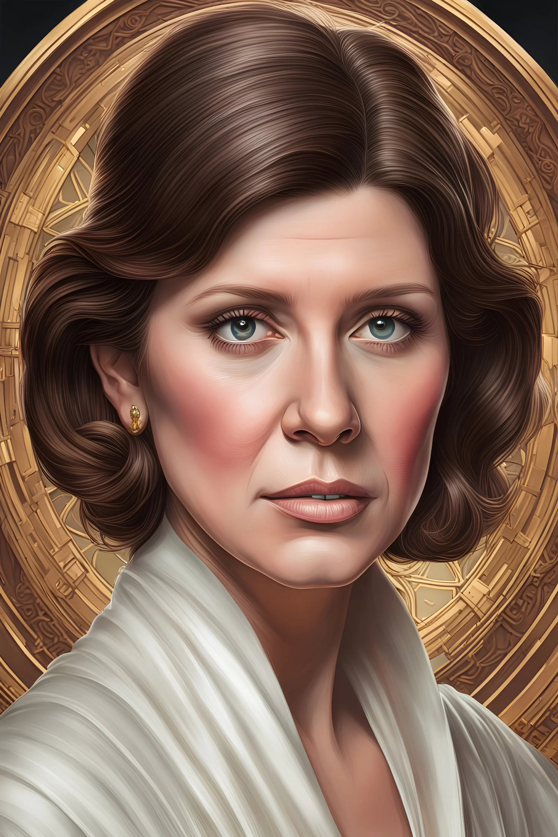 [[extrem stunning photorealistic young Carrie Fisher as Princess Leia]] :: [[photorealistic brown eyes, short hair, head and shoulders portrait, 8k resolution photorealistic portrait by Greg Rutkowski, Artgerm, WLOP, Alphonse Mucha, dynamic lighting, hyperdetailed, intricately detailed, triadic colors]]