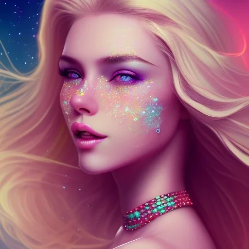 Smiling happy cosmic girl, jewels, realistic long blond hair, blue eyes, pink glossy lips, cinematic lights, HQ, 4k, high details