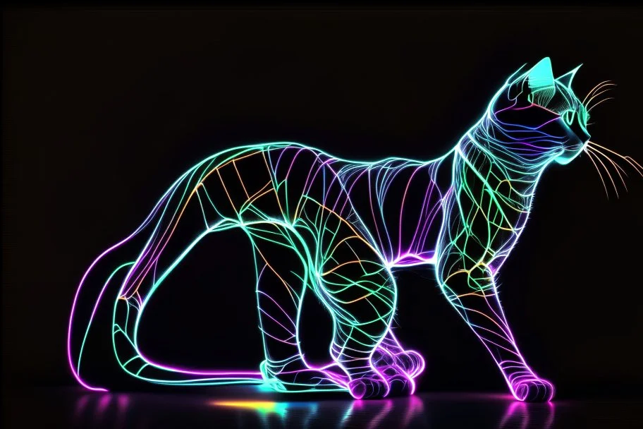 black background, outlines of a full-figure holographic cat, drawn from thin neon-coloured glowing lines