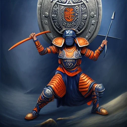 a fierce warrior in full navy blue and orange battle armor, with an S shaped shield, holding a basketball, a highly detailed illustration, background of Inka jungle, realistic render, 8 k, micro detail, intricate, elegant, centered, digital painting, Artstation, smooth, sharp focus, illustration, artgerm, tomasz alen kopera, peter mohrbacher, donato giancola, joseph christian leyendecker, wlop, boris vallejo