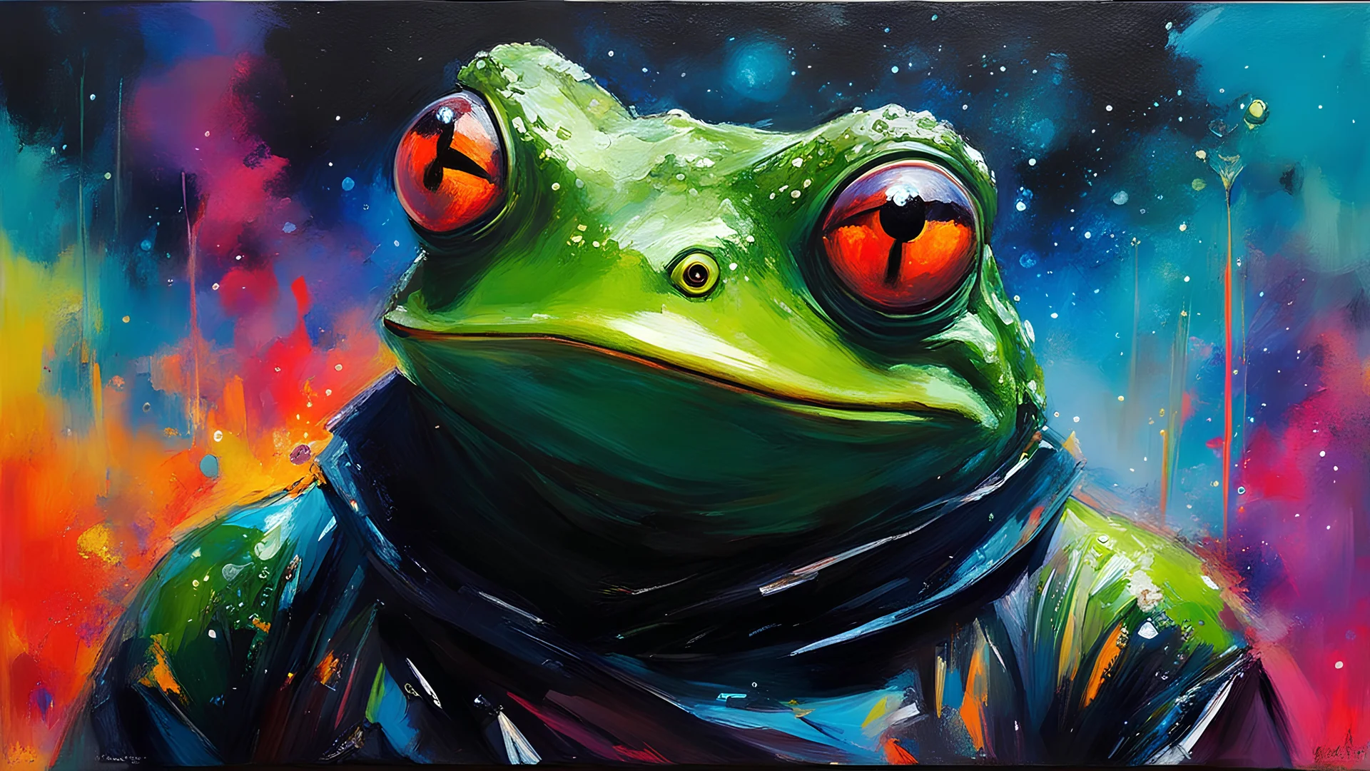 acrylic illustration, acrylic paint, oily sketch, martius_nebula infamous meme frog man, by [Iryna Yermolova | Conor Harrington]