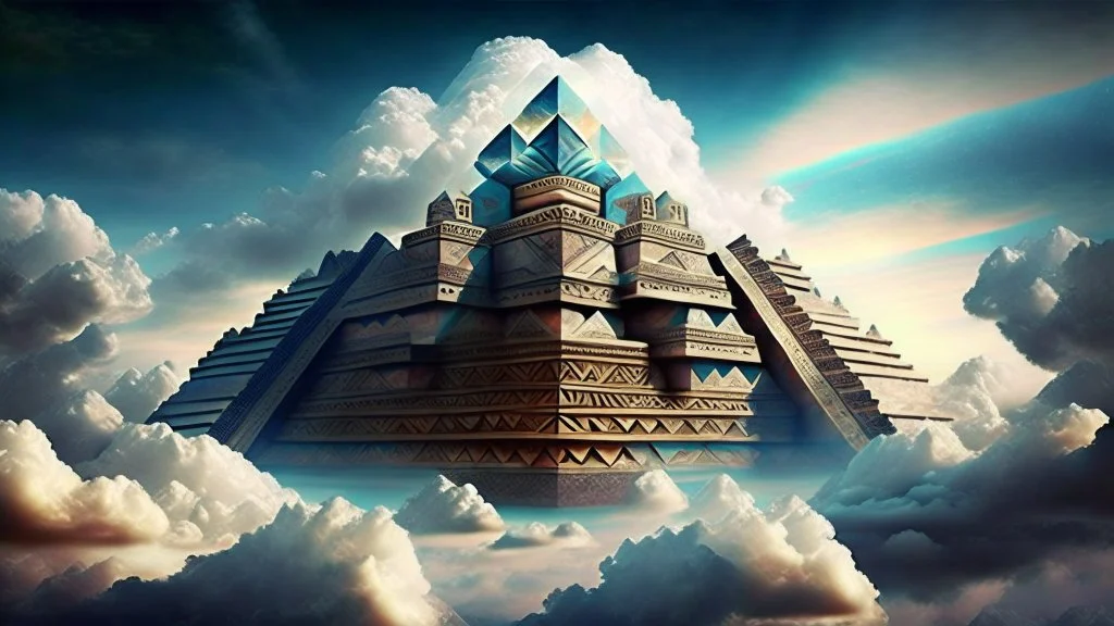 incredible geometry giant aztec crystal building over the clouds