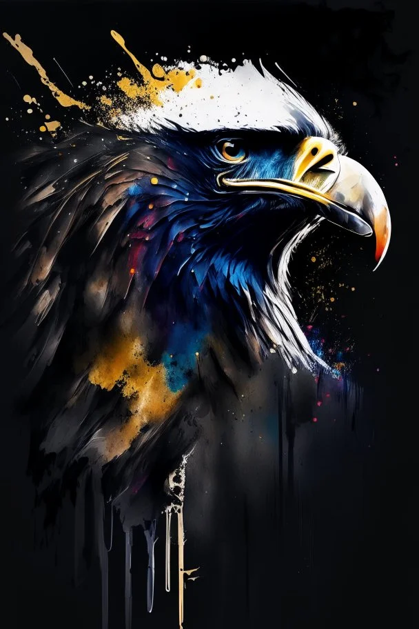 abstract painting, watercolor, full color, black background, 8k resolution, splashed, varied brushstrokes, eagle head