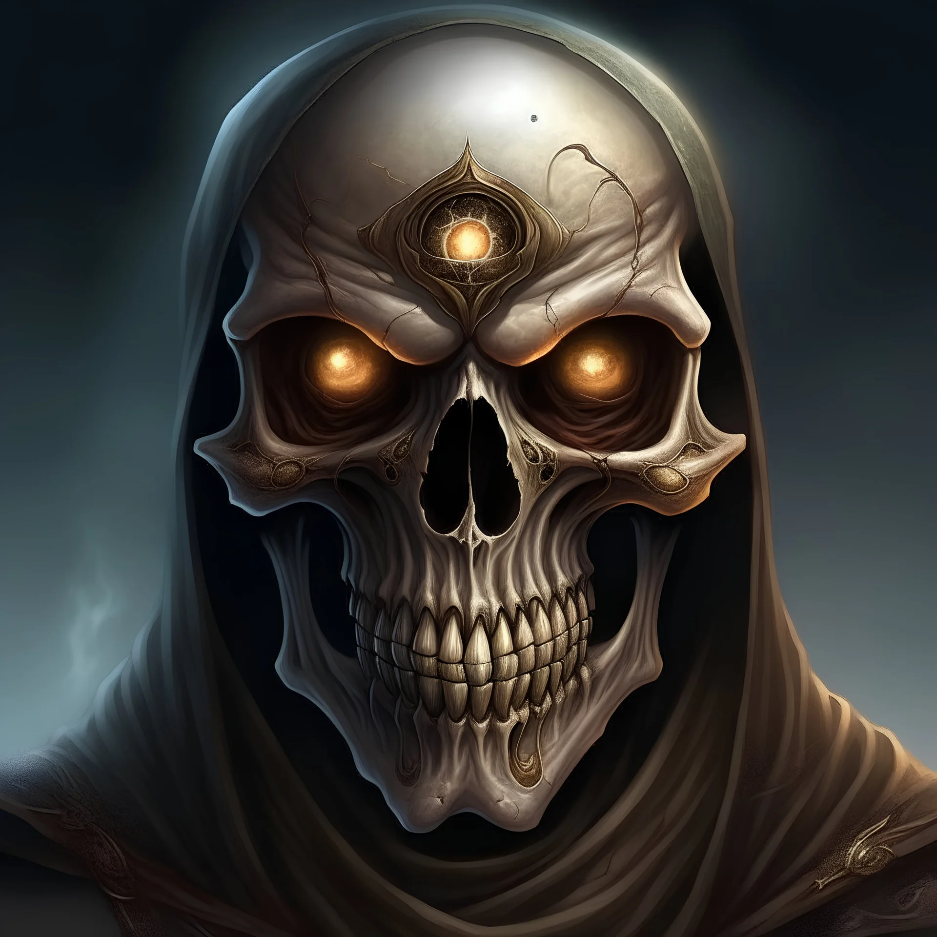 fantasy art, sorcerer, noble, skull mask with one open eye