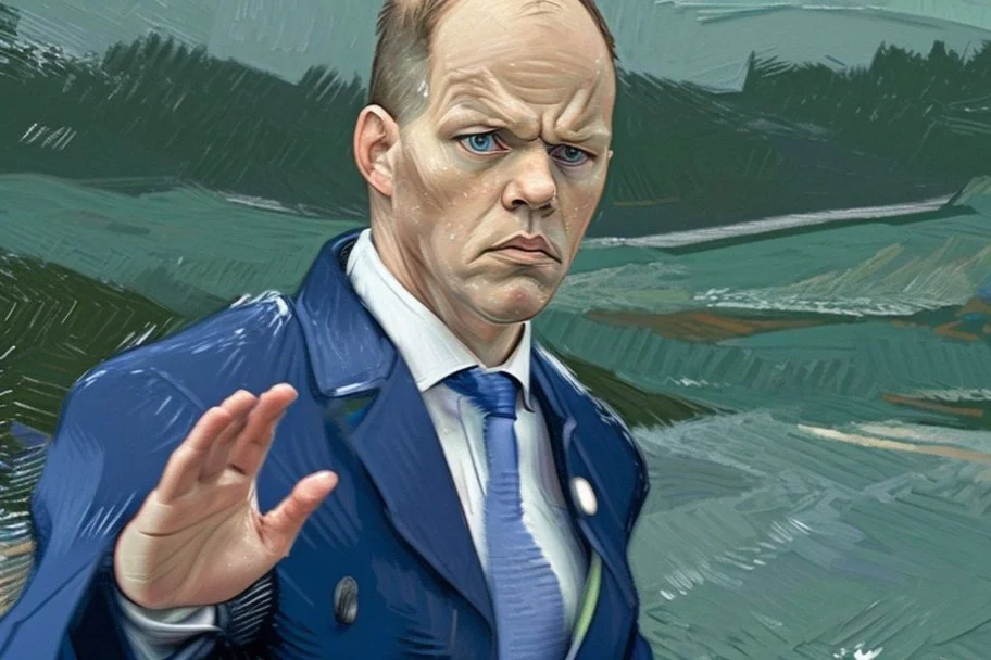 side view of Olaf Scholz walking, concerned expression, waving hand, pressed lips; in the style of VanGogh