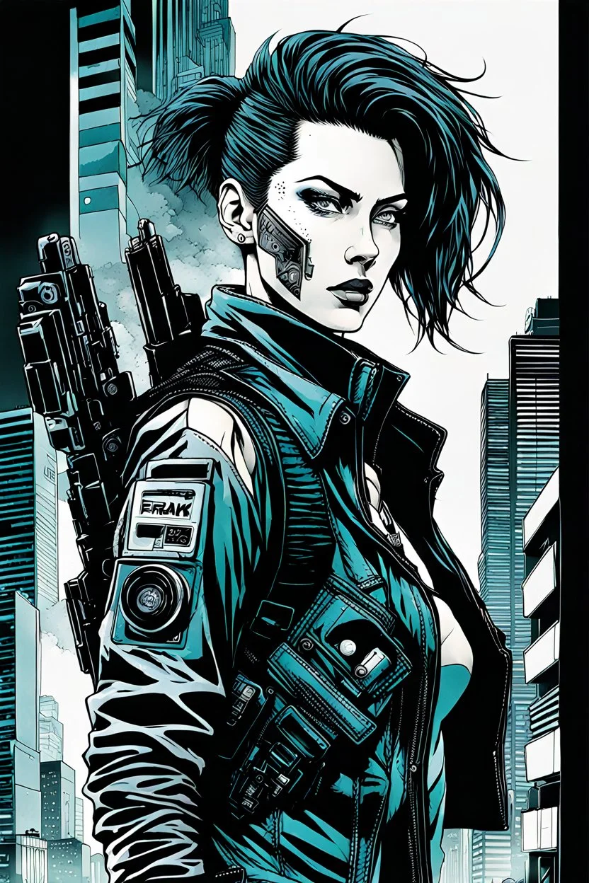 create a negative space illustration of a female cyberpunk private detective with prosthetic arm in flak vest, with highly detailed , sharply defined feminine facial features, in a chaotic, turbulent, otherworldly Tokyo in the graphic novel style of FRANK MILLER, and ALBERTO BRECCIA, precisely drawn, inked, with dramatic edges, chiaroscuro , negative space