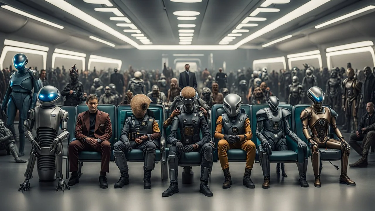 photo from the futuristic waiting room of a studio, a large crowd waits in a giant room. the aliens mutant humans, strange fantastical creatures, droids, and a few human-like beings of all sizes, colors, shaped and looks, stand in the crowd. high detalied, sharp focus, photorealistic, sci-fi style Professional photography, bokeh, natural lighting, canon lens, shot on dslr 64 megapixels , hd