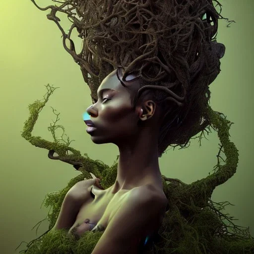 Octane render. Paper. Pencil sketch art .the face of A young black woman. A wood nymph emerging from the forest. Her hair looks like vines. Dreadlocs. Her skin is the colour of dark soil. Her skin looks like tree bark. Her clothing is made of vines, grass and leaves.