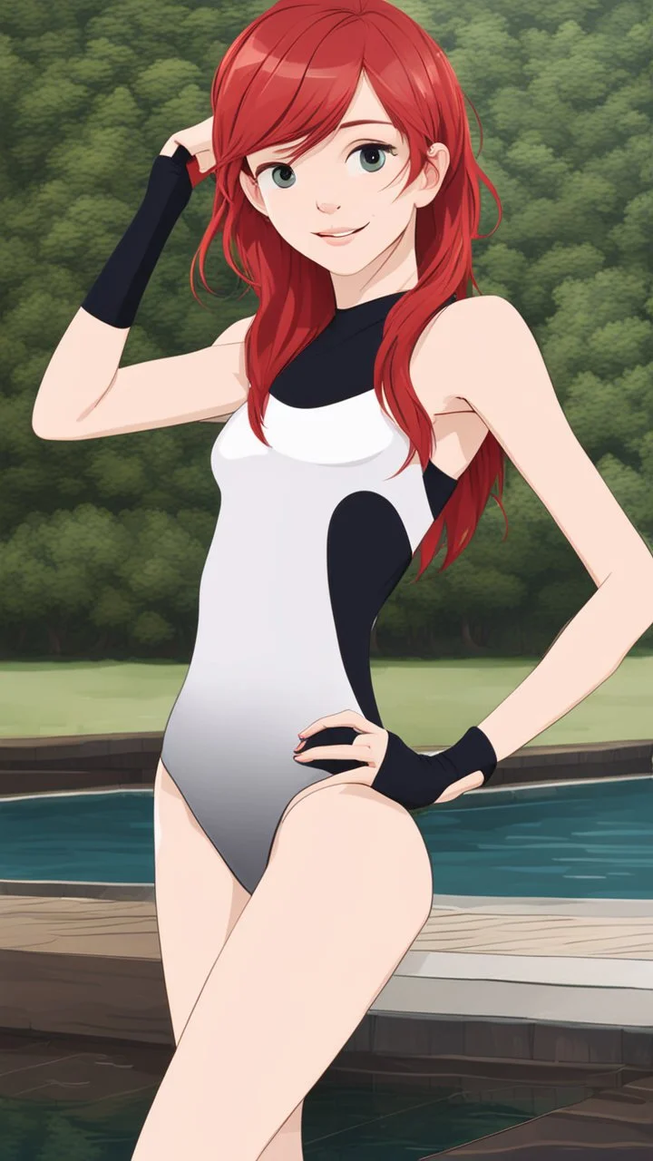 beautiful anorexic woman, standing, onepiece triathlon swimsuit, medium length wavy haircut, red hair, photo