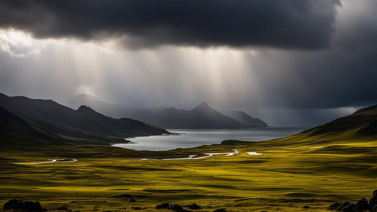 Mountainous landscape on Kerguelen island, dramatic sunlight, storm, inhospitable, wild, chiaroscuro, beautiful composition