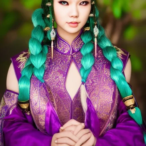 beautiful asian queen with purple armor, delicate cyan braided hair, green glass eyes, white flowing dress, highly detailed, 8k, ambient light, taylor swift