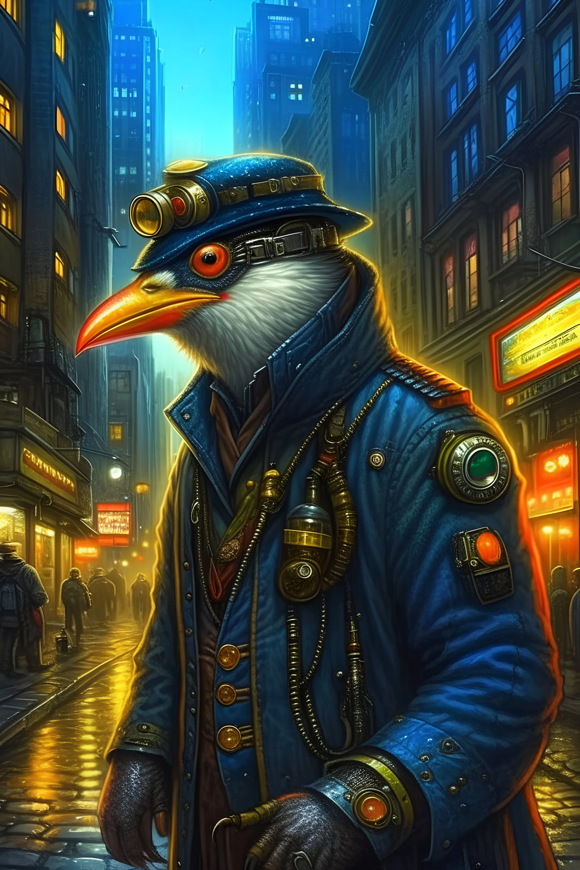 "Portrait of a steampunk penguin in a cyberpunk city, by Arai Yoshimune, Simon Stålenhag, and Dan Mumford Photorealism hyperdetailed trending on Artstation 8k resolution digital illustration cel-shaded Ukiyo-e romanticism expressionism impressionist"