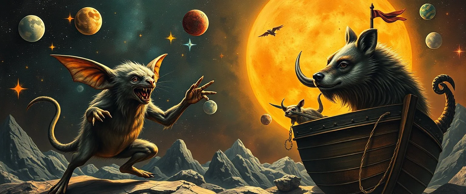 gremlin dog bison badger star ship captain dancing in the style of Rembrandt and Escher and Goa Trance Poster