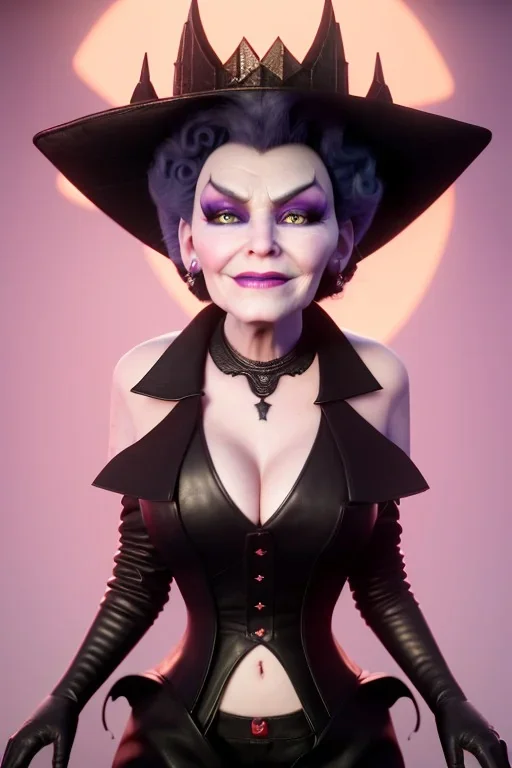 Mae West as evil queen in black leather, leather, busty, cleavage, angry, stern look. character design by cory loftis, fenghua zhong, ryohei hase, ismail inceoglu and ruan jia. unreal engine 5, artistic lighting, highly detailed, photorealistic, fantasy