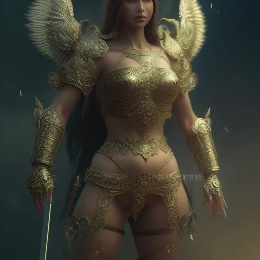 badass female goddess of war, beautiful figure, wearing form fitting armor, intricate filigree metal design, mythpunk, medievelpunk, full body portrait, cinematic, dramatic lighting, unreal engine 5, 8k, Highly realistic. Volumetric lighting. Light halation, by Hyung-tae Kim and Krenz Cushart Artstation and artgerm, Artwork by Guweiz, Peter Mohrbacher, Artgerm and Mark Brooks, unreal engine 5 highly rendered, epic composition, motion blur. Glim lighting. Highly realistic