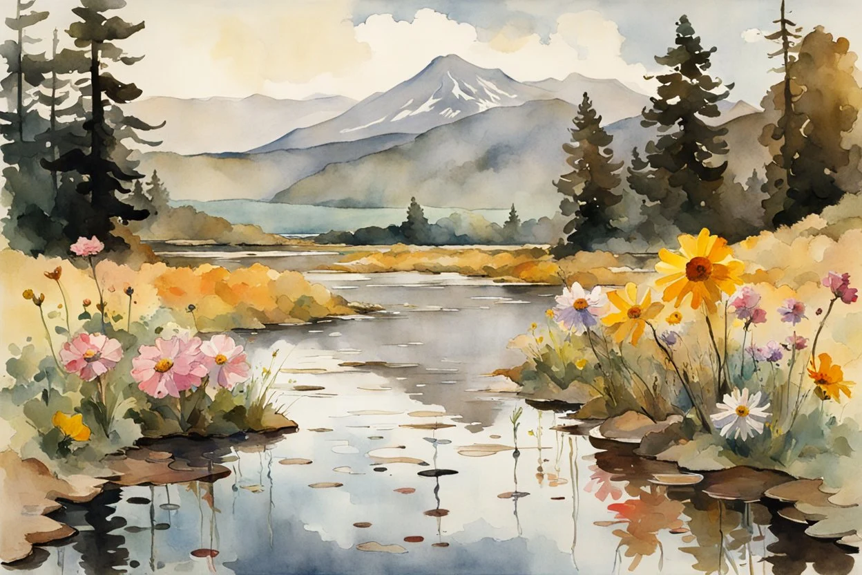 Sunny day, flowers, mountains, puddle, fantasy, sci-fi, epic, winslow homer watercolor paintings