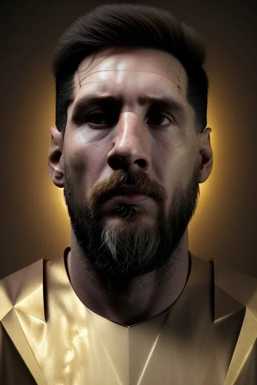 Realistic image, lionel Messi sculpture, white marble material with gold veins, gold laurel leaves crown, gold ornaments, Renaissance style, sun rays background, waist up portrait, epic, celestial, cinematic lighting, God lights, 4k resolution, smooth details, soft lighting, unreal engine 5, art station, substance 3d.