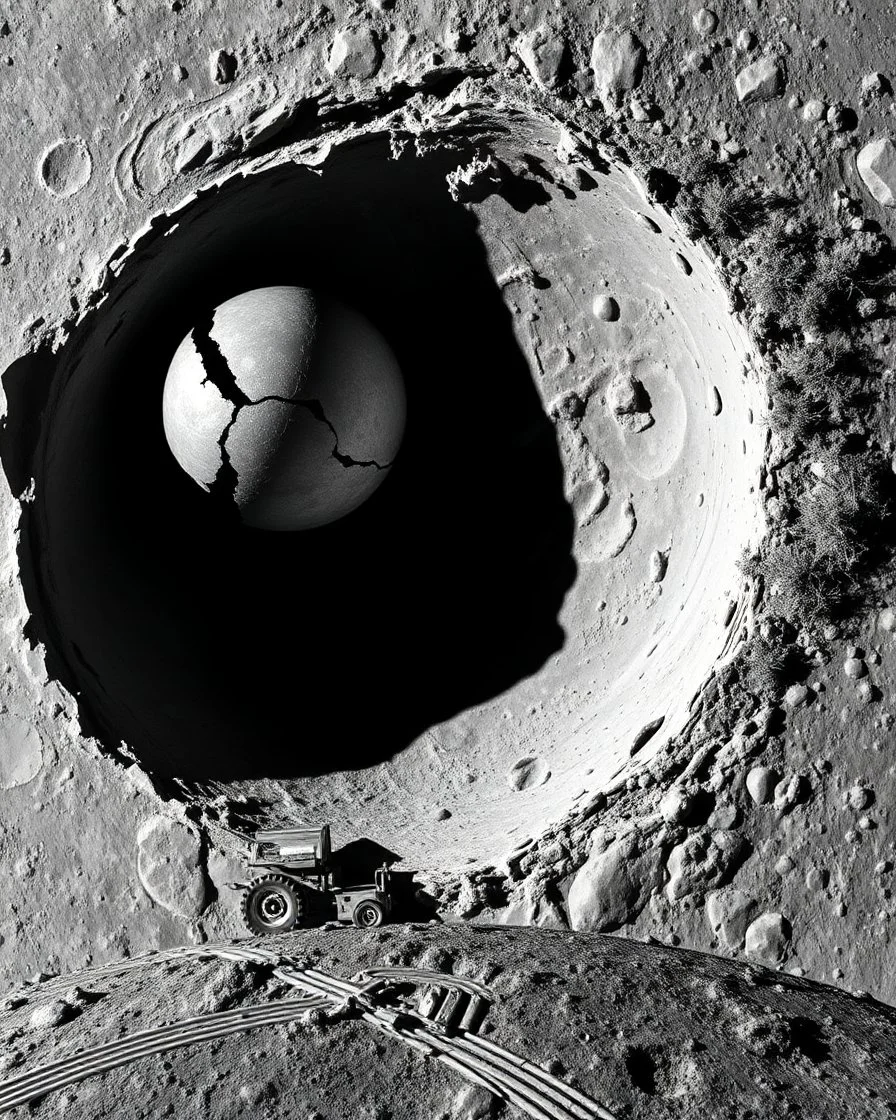 aerial lunar satellite image of a young impact crater with larger regolith along right ride. A damaged metallic alien sphere with fracture lines like an egg. organic growth across regolith and up crater walls. Along the lower frame edge a small modern bare-bones lunar-vehicle sits near the rim with visible wheel tracks. comic pencils