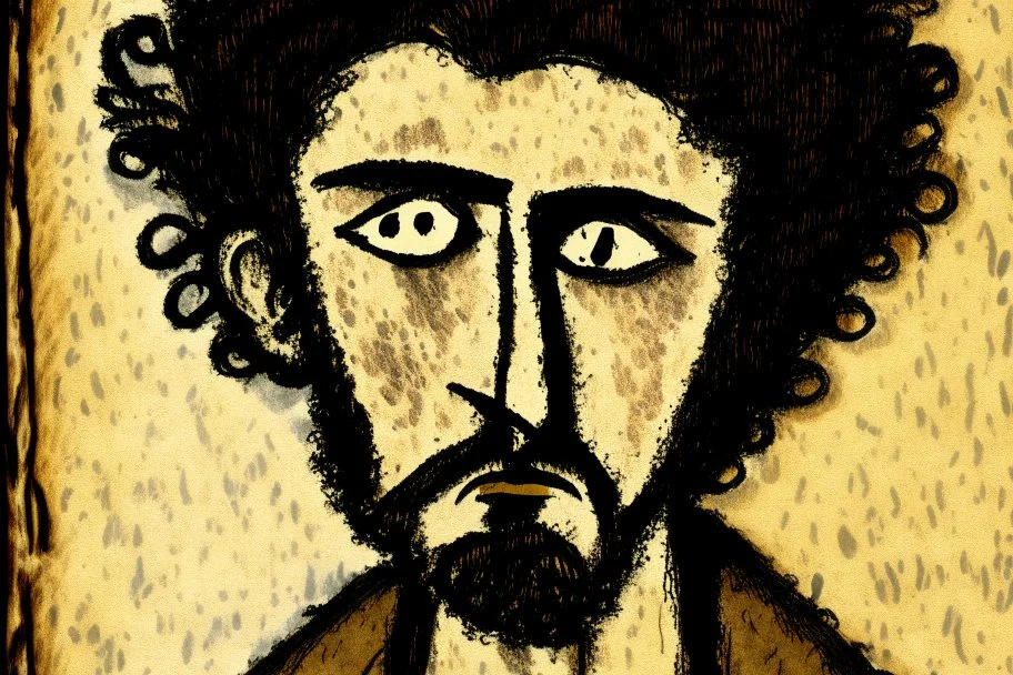 painted and burned burlap, surrealist portrait of a very handsome Jewish-Gypsy man smooth, pop, accentuate, faded glow, morning, bright, fine art, push, structure, silhouette, pencil sketch by Jean Cocteau fantasy high definition crisp quality, styles of Paul Klee Dee Nickerson and Tim Burton, melting watercolor and black ink outlines on wet paper, soft, shading strokes, in sunshine, ethereal, otherwordly, cinematic postprocessing, bokeh, dof