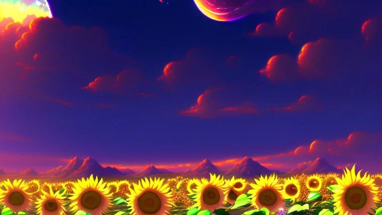 purple sky full of stars, sunflower field, anime, high res, makoto shinkai