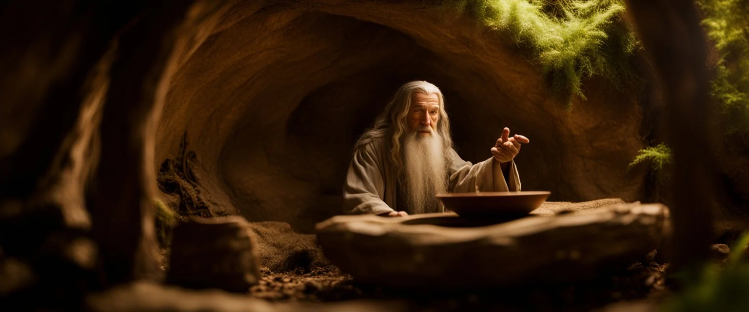 Gandalf levitates Jesus in a hobbit hole interior daylight, shot on Hasselblad h6d-400c, zeiss prime lens, bokeh like f/0.8, tilt-shift lens 8k, high detail, smooth render, down-light, unreal engine, prize winning