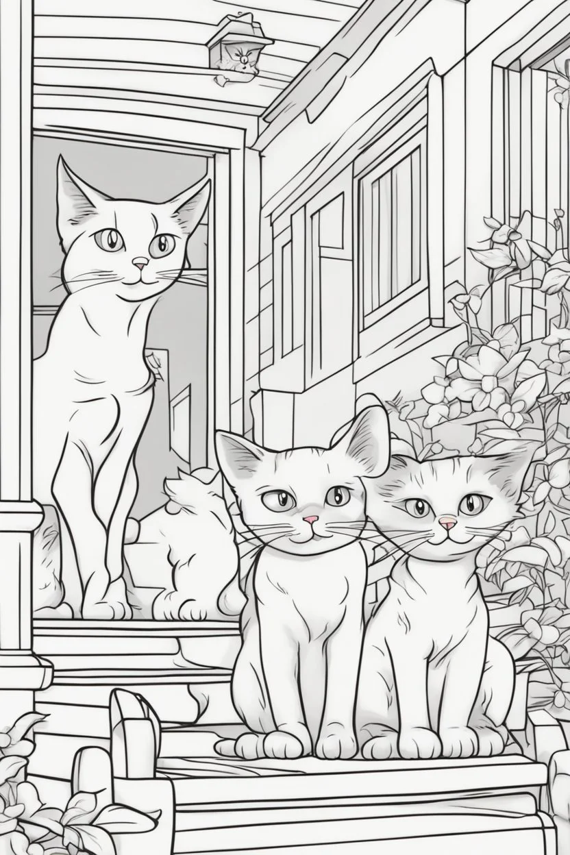 coloring page for kids, Cats on the porch, cartoon style, thick lines, low detail, no shading