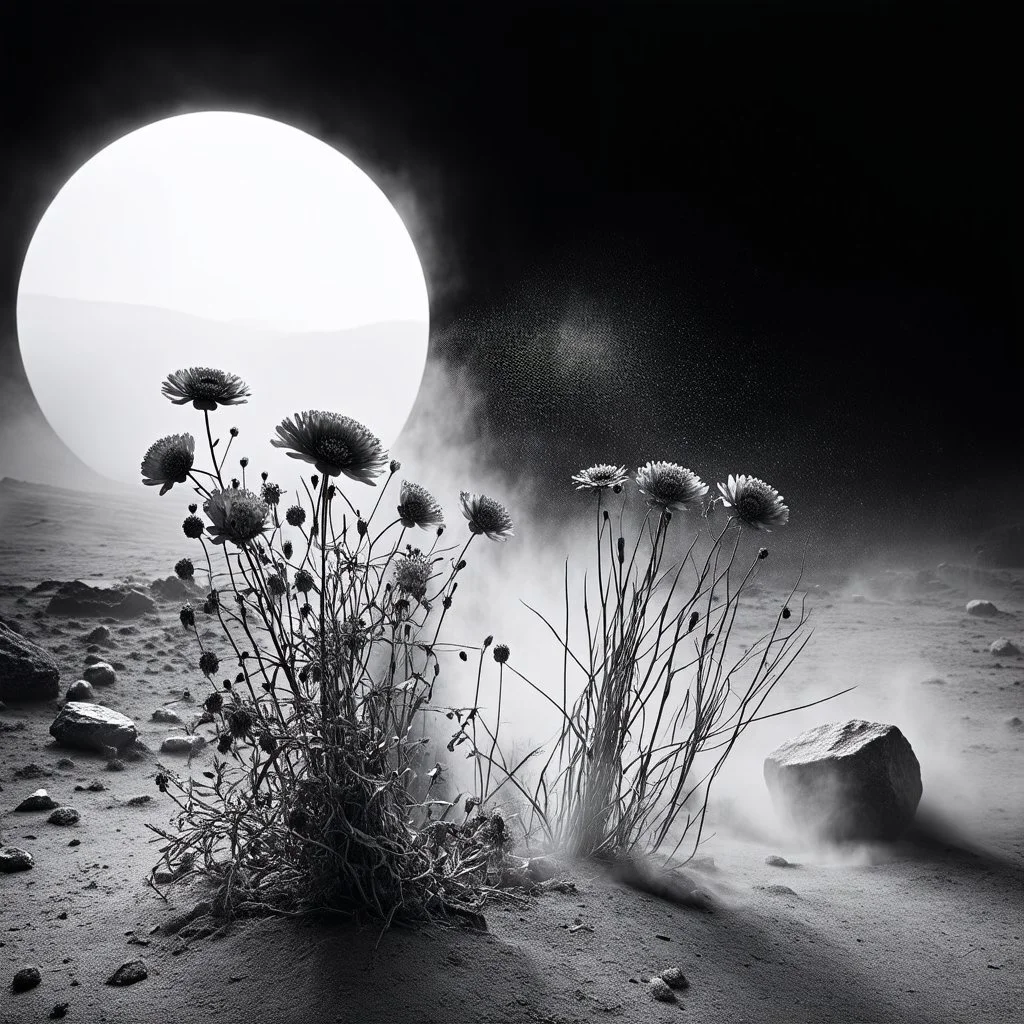 A striking quality photograph captures a wasteland, flowers, creepy, details of the dust very accentuated, glossy organic mass, adorned with minerals and rocks. Bathed in intense light, eerie, Max Ernst and Yves Tanguy style, black sun, fog, volumetric light, octane render