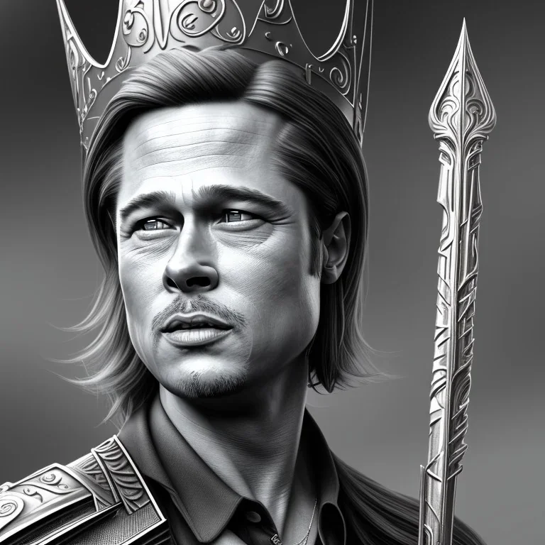 Brad Pitt, long black hair, elemental face, Unreal Engine 5, highly detailed, highest quality, digital painting, complex 3d render, unreal engine render, insane detail, intricate photograph quality, magnificent, majestic, highly intricate, Realistic photography, grand hall, wicked throne, holding scepter, crown of barbwire, dark color palette, metallic, highly detailed, highest quality, digital painting