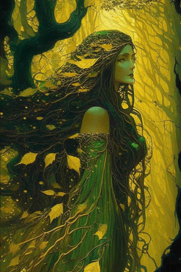 In the heart of a dense and enigmatic forest with towering ancient trees cloaked in emerald, yellow and amber foliage stands an ethereal beauty, her face is perfect, her lustrous hair cascading in ebony waves down to her slender waist she is slowly turning into a tree herself