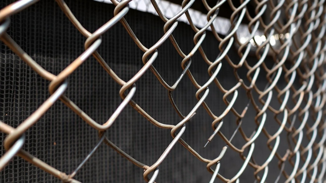 Steel mesh forming precise geometric barriers, chain-link fence creating rhythmic division of space, play of light and shadow through the metal pattern, details of rust and natural wear on galvanized surface, industrial abstract style