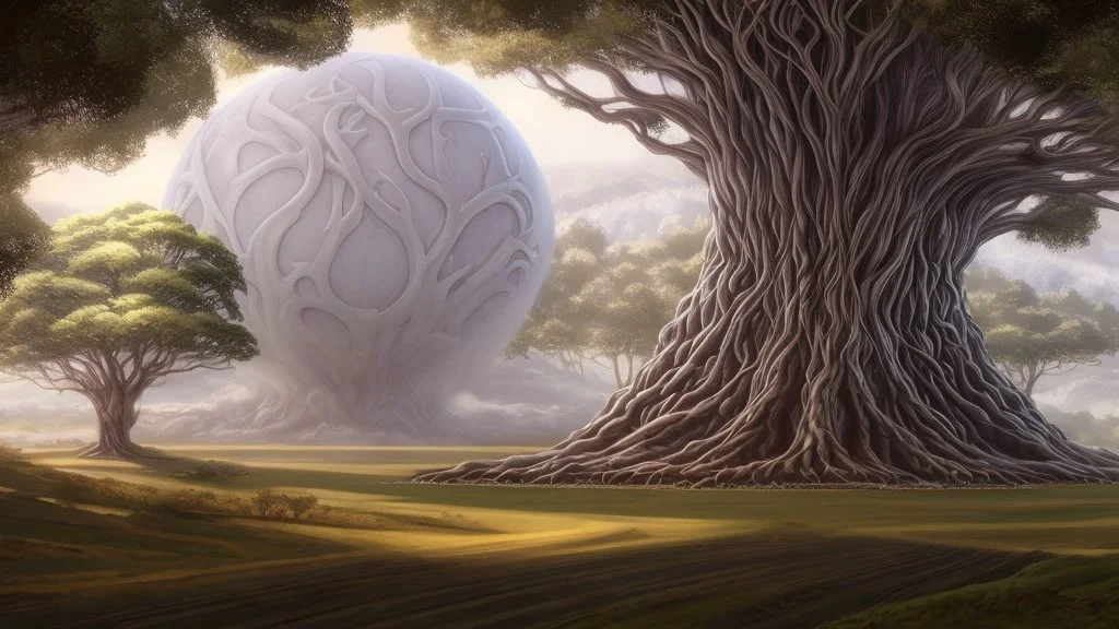 Valinor, tolkien, two giant trees, one giant golden tree, one giant silver tree, surrounded by a giant white castle.