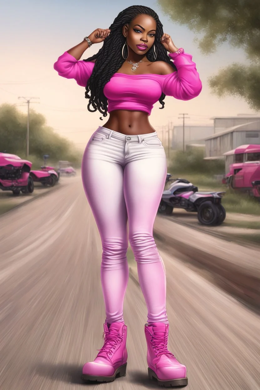 Create a digital airbrush cartoon of a curvy African American female wearing tight white jeans and a off the shoulder hot pink blouse. She is also wearing timberland boots. Prominent make up with hazel eyes. Highly detailed very long extremely braids of black hair. Her skin is smooth and silky. Background of a track of ATV riders.