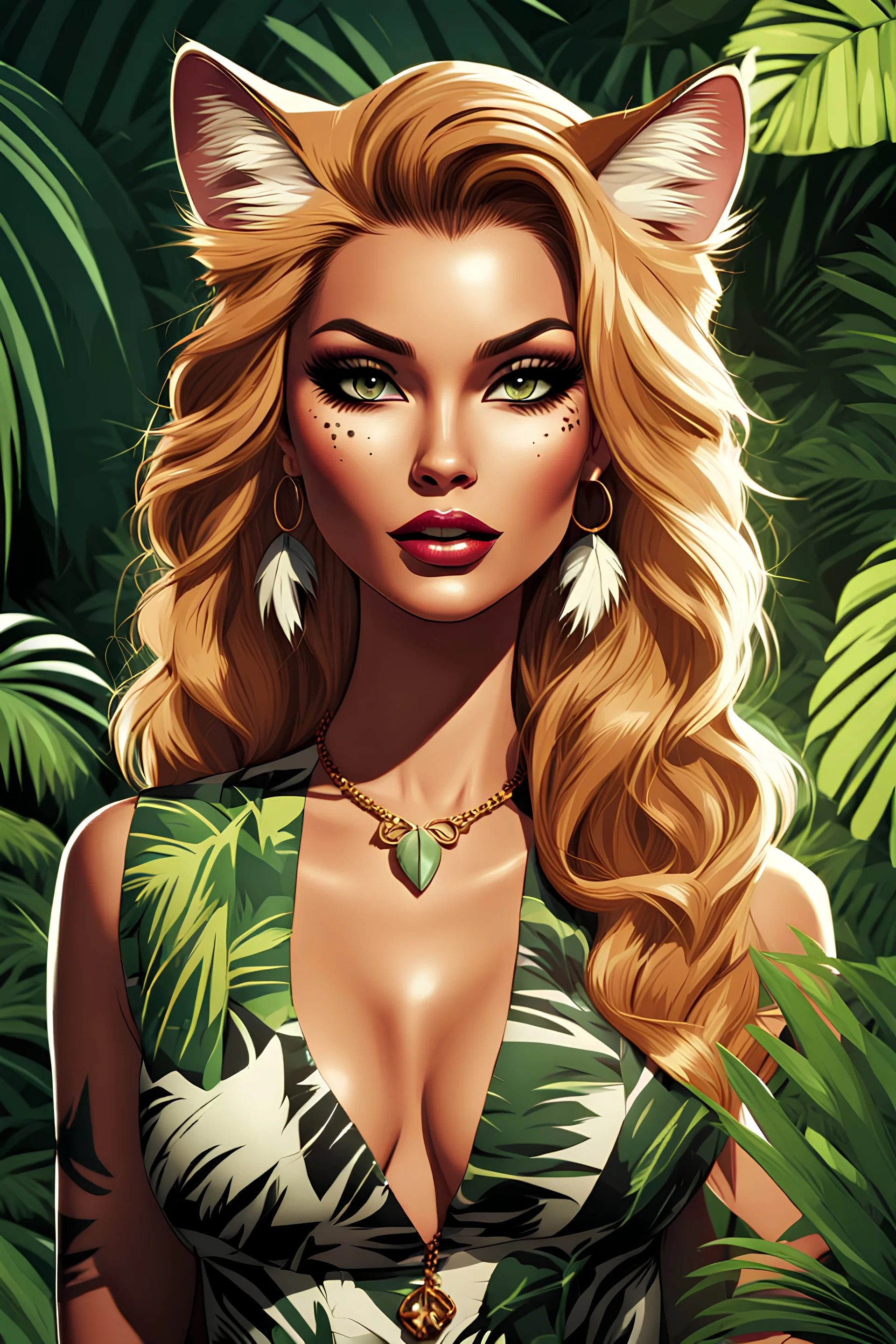 An animation of a beautiful jungle cat, she's a model, beautiful hair and makeup, stylish, front view, comic style