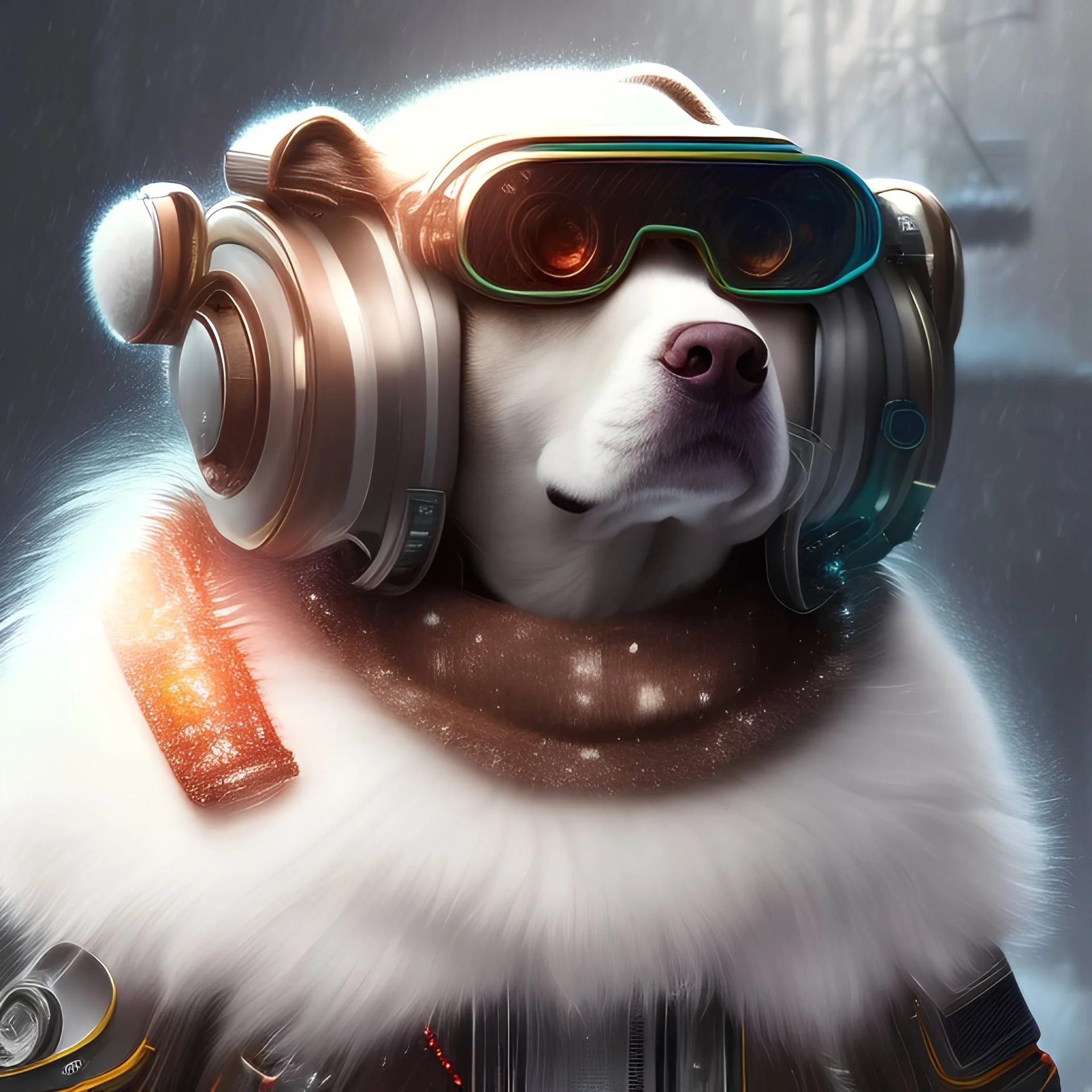 Cyberpunk Portrait of cyborg dog child with brown hair and with cute face, north pole snowy vibe , perfect composition, hyperrealistic, super detailed, 8k, high quality, trending art, trending on artstation, sharp focus, studio photo, intricate details, highly detailed, by greg rutkowski