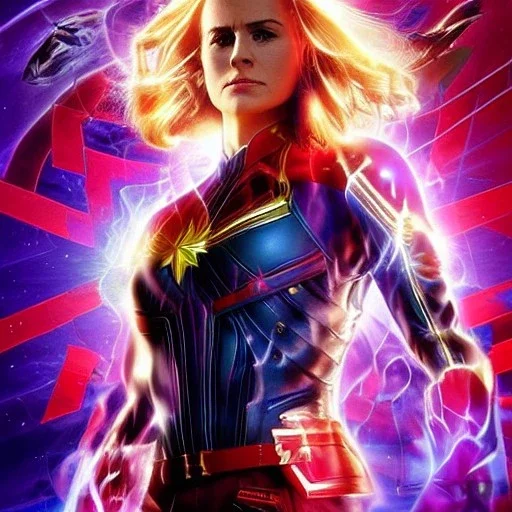 Captain Marvel,flying in the sky, hair on fire, realistic, vibrant colors, Kate beckinsale's face, long hair, gold angel wings, full body, in space, muscular, hyperrealistic