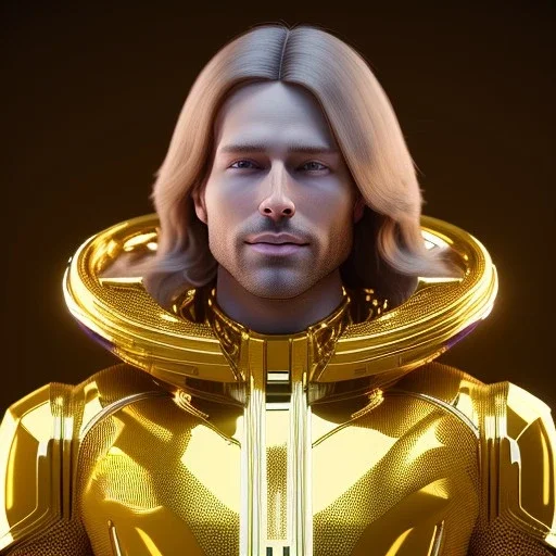 beautiful cosmic golden male, long hair, nice smiling, delicate colors, beautiful glamour galactic golden dress, ultra sharp focus, 8k, unreal engine 5, extremely sharp detail, light effect, soft light atmosphere of a spaceship, smooth, full of details, face in front, complete vision of face and body