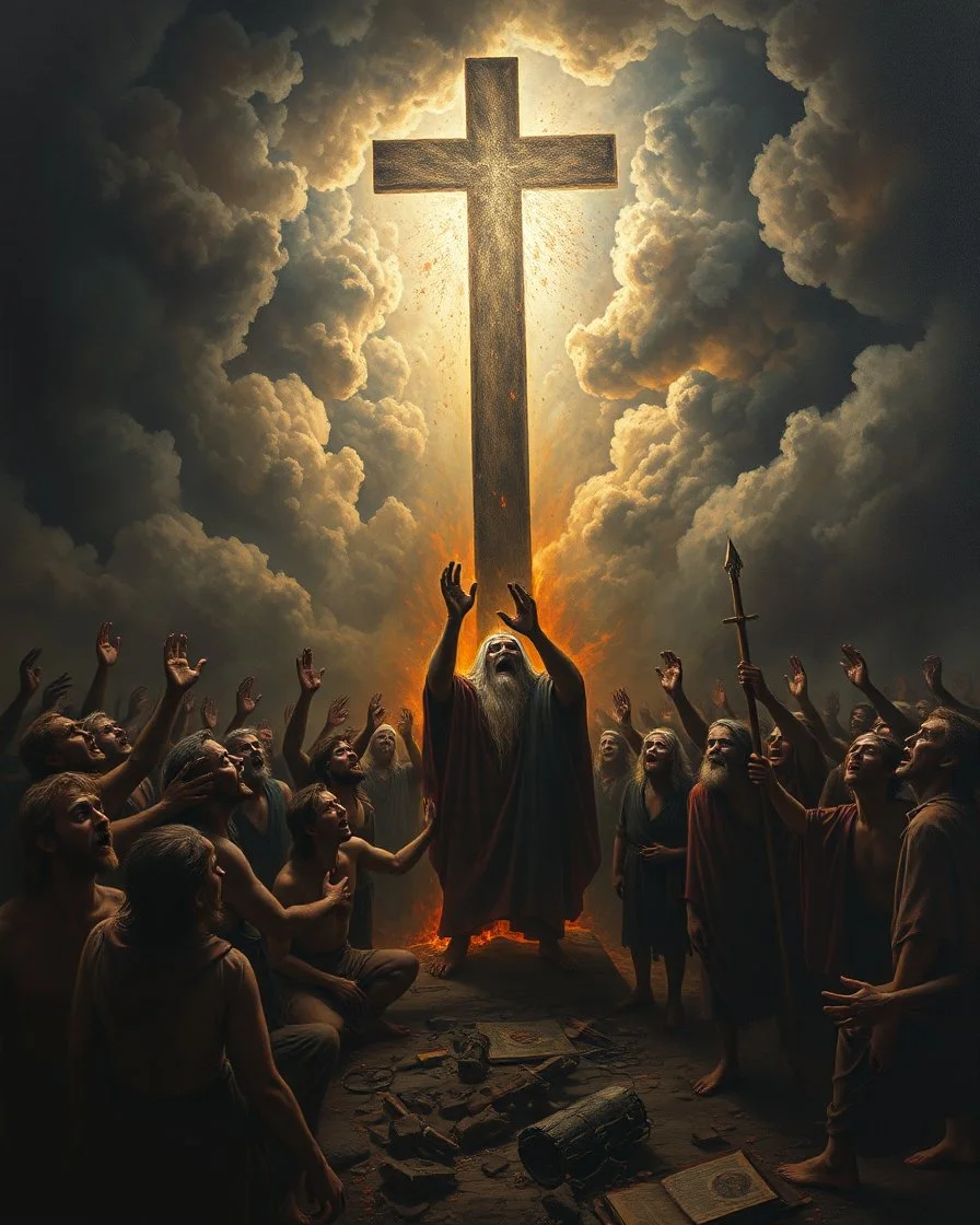 Bosch painting style, nightmare , sinners people suffering in hell crying for mercy , dramatic, great quality picture with cinematic scenes , show only heavy clouds in the background