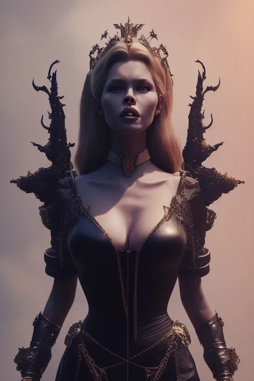 Brigitte Bardot as evil queen in black leather, leather, busty, cleavage, angry, stern look. character design by cory loftis, fenghua zhong, ryohei hase, ismail inceoglu and ruan jia. unreal engine 5, artistic lighting, highly detailed, photorealistic, fantasy.