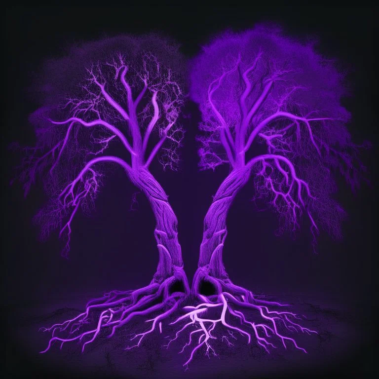 two trees with roots connected purple dark neon