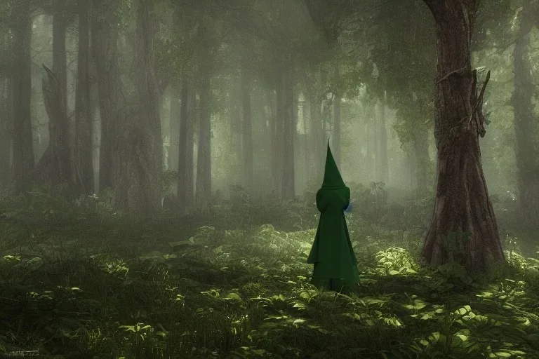 green robed elf in forest facing away, highly detailed, 8k, atmospheric lighting, trending on artstation